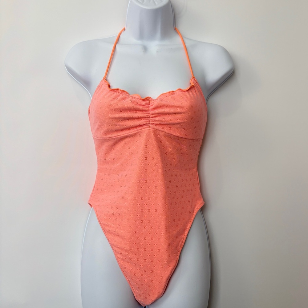 Lovers & Friends coral Pink Orange halter Lace one-piece High‎ Cut swimsuit Sz S